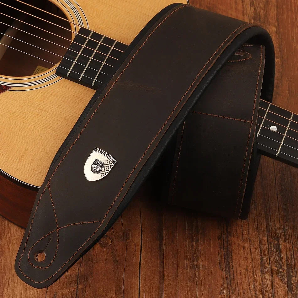 Guitar Strap Padded - Soldier Top Layer Leather Guitar Bass